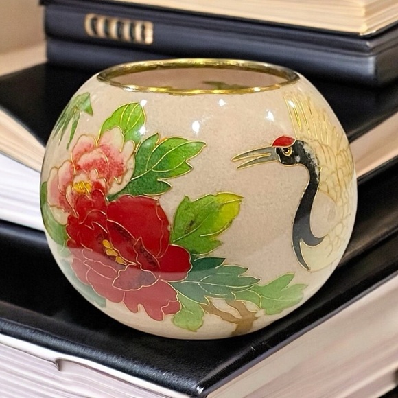 Vintage Plique-à-Jour Cloisonné Glass Candle Holder w/ Crane Pale Pink Luminary - Picture 1 of 11